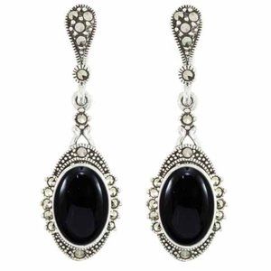 Vintage Style 925 Sterling Silver Marcasite Black Onyx Earrings With Sparkle